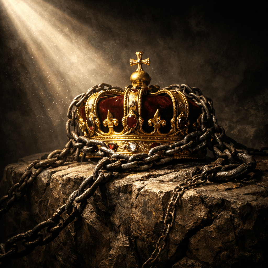 Golden royal crown with red velvet interior wrapped in heavy iron chains on stone