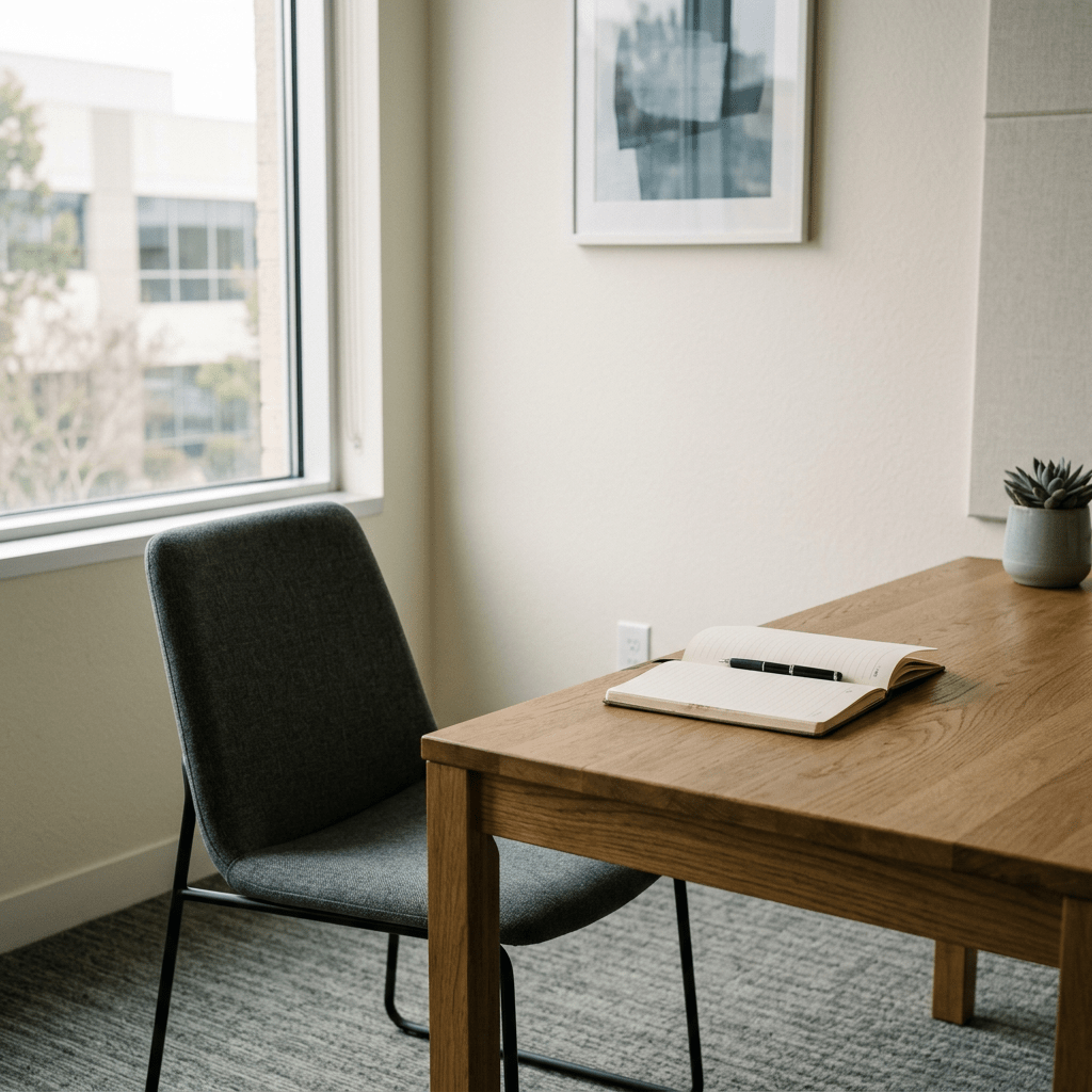 Wooden desk with an open notebook and pen next to a gray upholstered chair by a large window