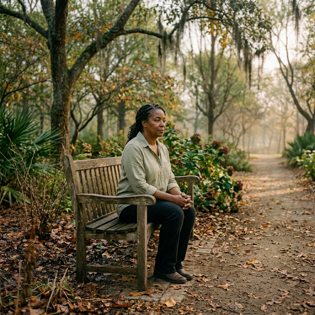 Woman wearing green coat and gray scarf sitting on a wooden bench in a leaf-strewn park
