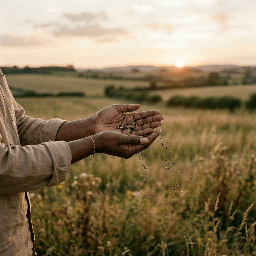 Farmer holding and scattering seeds in a field at sunset