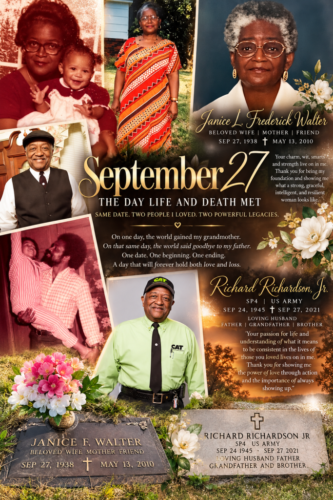 A memorial collage honoring Janice L. Frederick Walter and Richard Richardson Jr., featuring their portraits, dates of birth and passing, and personal tributes. The collage includes images of family and grave markers, symbolizing their legacies and the connection between life and death.