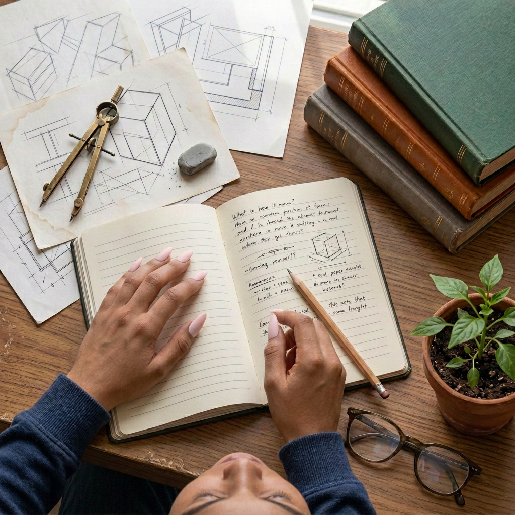 Open notebook and pencil beside architectural sketches, drafting compass, books, plant, and glasses